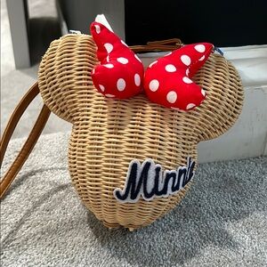 Minnie Mouse Wicker Crossbody Bag with Red Bow